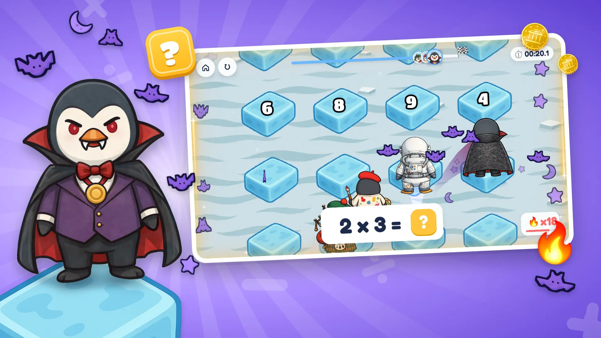 A race in progress: numbered ice tiles, the question 2 × 3, and a vampire penguin leading.