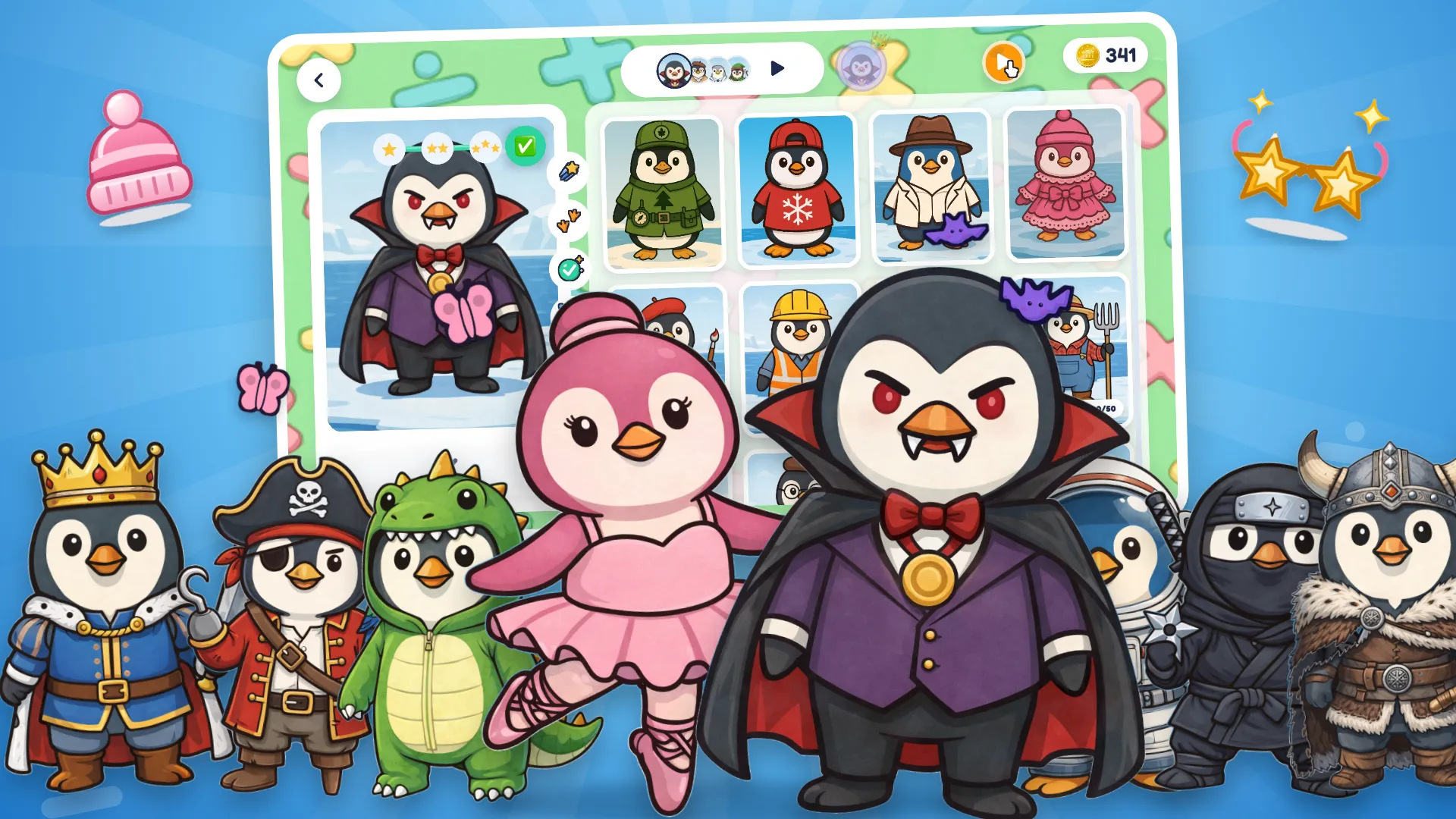 The costume wardrobe with a crowd of costumed penguins in front.