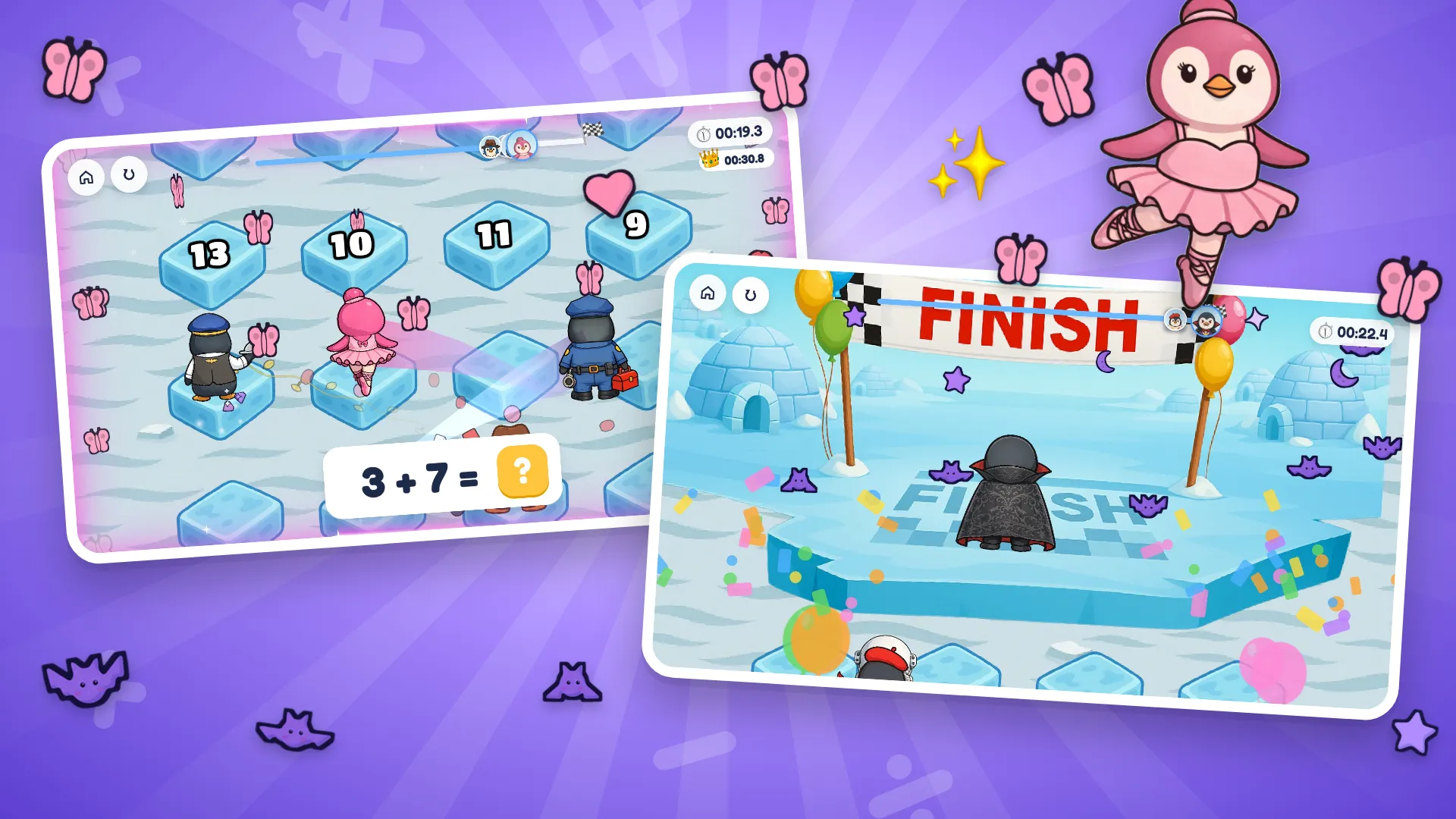 Butterfly trail effects on the ice and a penguin crossing the finish line.