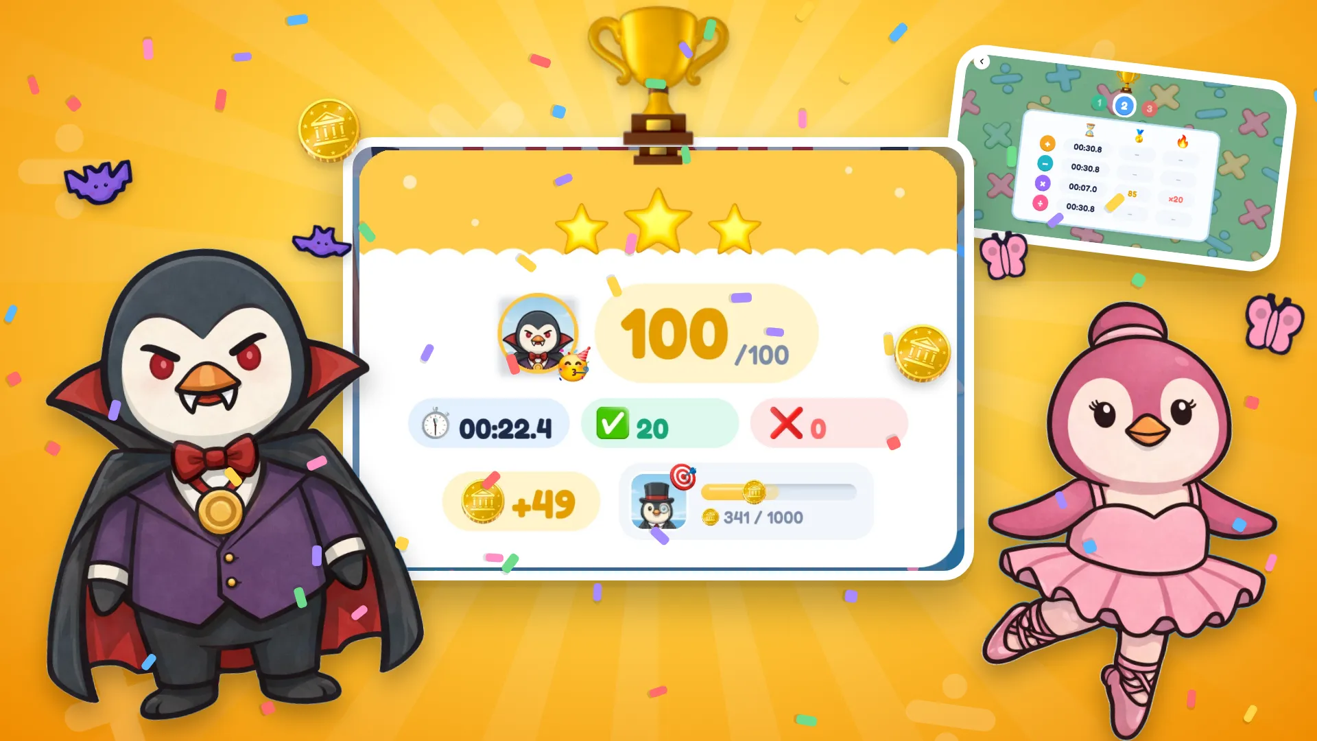 The results card after a win: 100 points, 20 correct answers and gold earned.