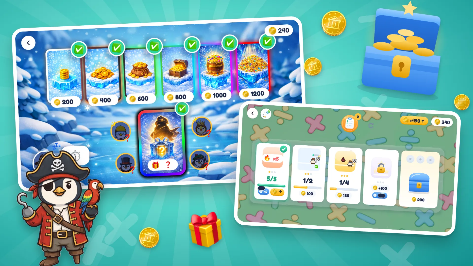 The seven-day reward streak and the daily quests panel with a treasure chest.