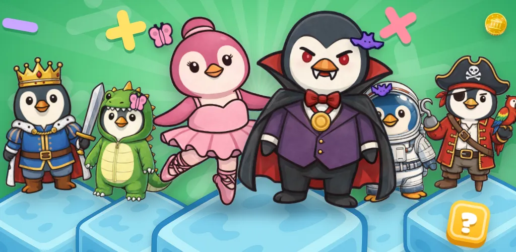 Penguins in costumes, a king, a dinosaur, a ballerina, a vampire, an astronaut and a pirate, standing on blocks of ice.
